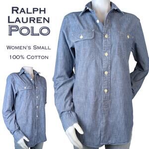 Polo Ralph Lauren Womens Button Front Shirt Small Blue Chambray Western Casual